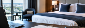 Hotel room with financial report showing earnings charts on a desk.